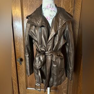 Queen Collection Metallic Copper Zipper-Accented Belted Leather Coat, Size XL